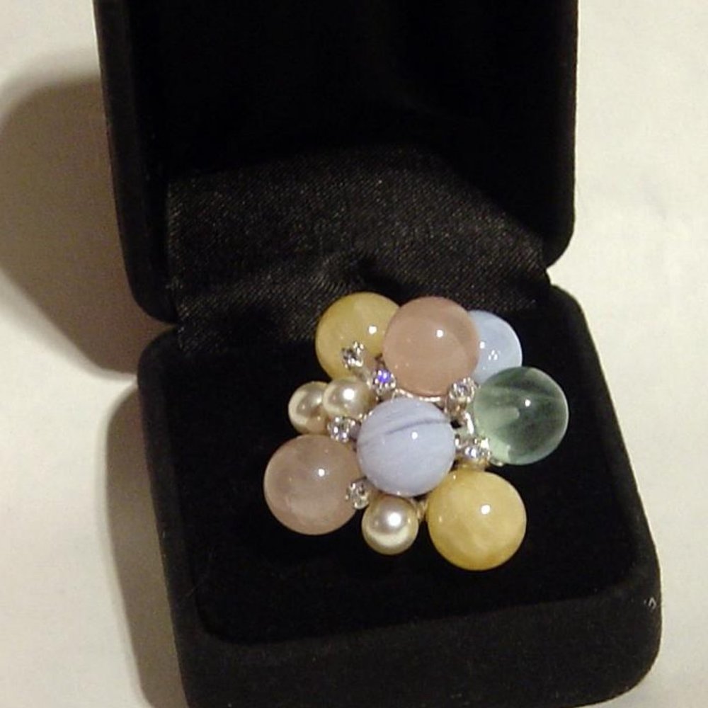 Sterling Silver Pearl, CZ and multi Gem Agate Ring